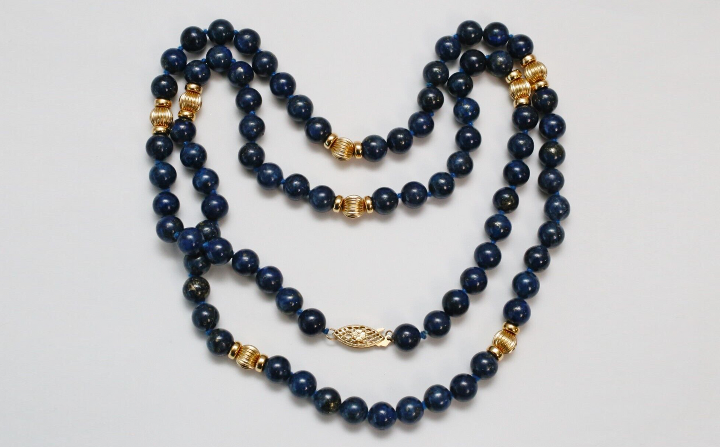 Vintage 14k Yellow Gold Lapis Lazuli Beaded Necklace, 33.0 inches - 72.5g