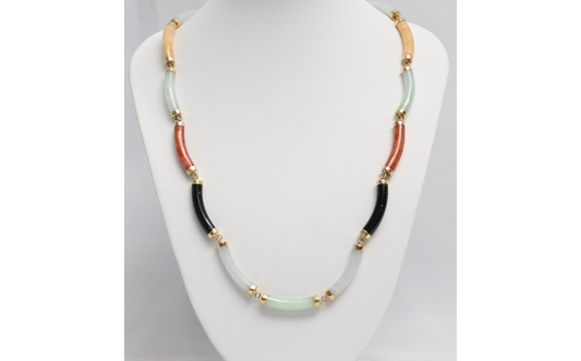 14k Yellow Gold Multi-Colored Jade Rounded Bar Link Necklace, 18 inches - 25.4g