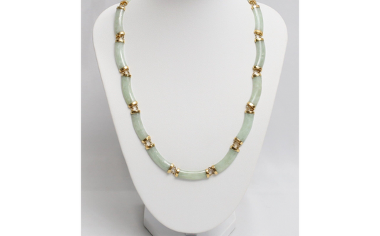14k Yellow Gold Icy Green Translucent Jade Bar Link Necklace, 17 inches - 24.3g