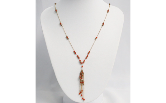 Vintage 18k Yellow Gold Coral Tassel Necklace, 20 inches - 3.1g