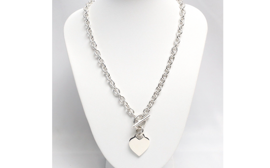 Sterling Silver Round Link Toggle Choker with Blank Heart Tag, 16 inches - 43.5g