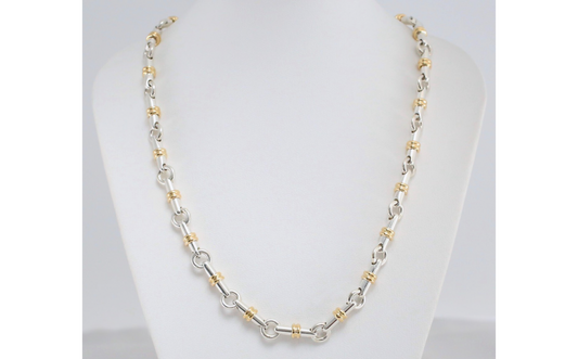 14k Yellow Gold & Sterling Silver Bar Link Necklace, 16.5 inches - 50.9g