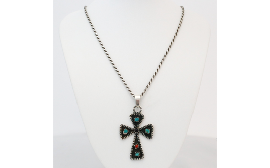 Vintage Sterling Silver Mexico Cross Pendant, 20 inches - 17.6g