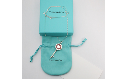 Tiffany & Co Sterling Silver Red Enamel Heart Key Pendant Necklace, 18" - 7.4g
