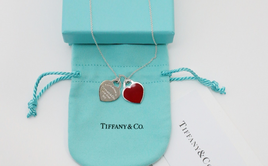 Tiffany & Co Sterling Silver Double Heart Red Enamel Necklace, 18 inches - 5.3g