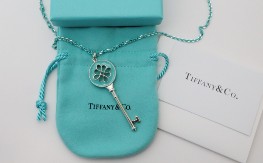Tiffany & Co Sterling Silver Blue Enamel Key Pendant & Chain, 30 inches - 18.5g