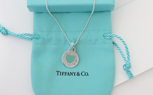 Tiffany & Co Sterling Silver Round Enamel Heart Tag Necklace, 18 inches