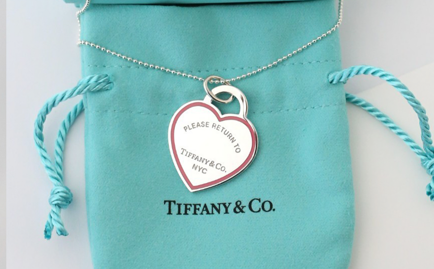 Tiffany & Co Sterling Silver Pink Enamel Border Heart Pendant Necklace, 18 inches