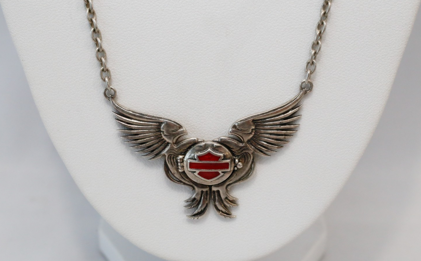 Vintage Sterling Silver Harley Davidson Winged Locket Necklace, 17 inches - 17.5g