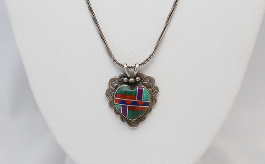 Vintage Sterling Silver Inlaid Heart Necklace, 16.5 inches - 11.0g