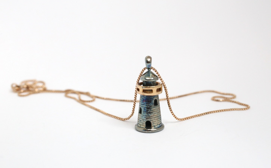 Sterling Silver & 18k Gold Lighthouse Pendant Necklace, 18 inches - 9.3g