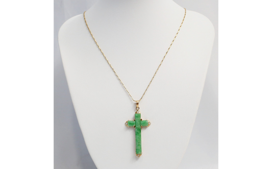 18k Yellow Gold Green Jade Cross Pendant Necklace, 18 inches - 8.1g