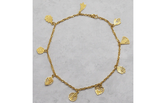21k Yellow Gold Charm Ankle Bracelet, 9.25 inches - 6.2g