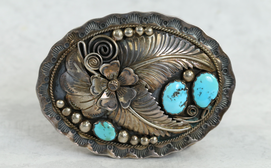 Vintage Sterling Silver DB Turquoise Belt Buckle, 59.8g