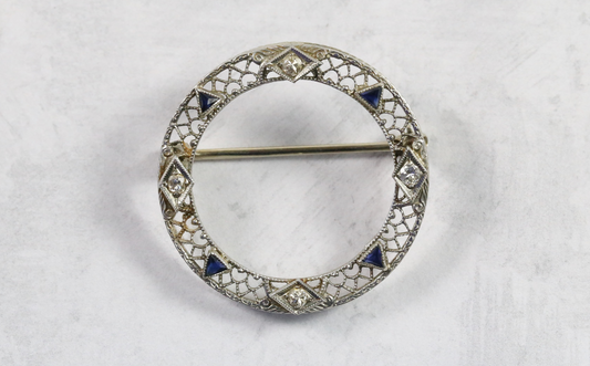 Vintage 14k White Gold Diamond & Sapphire Open Circle Brooch, 2.5g