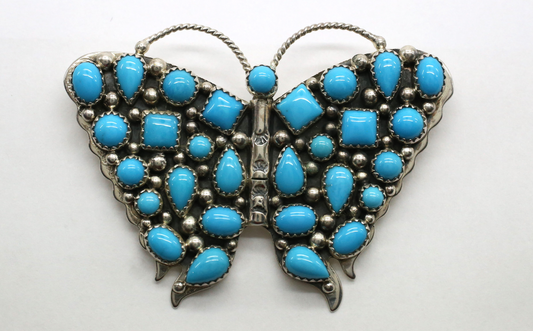 Running Bear Sterling Silver Turquoise Butterfly Brooch, 33.7g