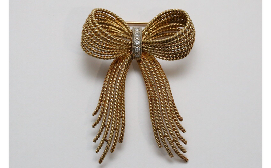 Vintage 14k Yellow Gold Diamond Ribbon Brooch - 13.3g