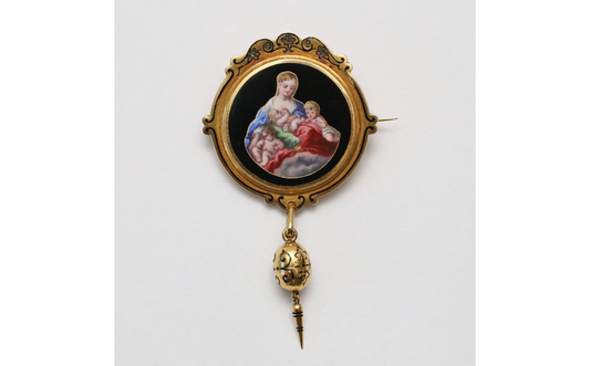 Victorian 21k Yellow Gold Hand Painted Enamel Brooch, 11.2g