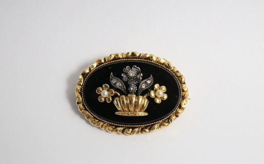 Antique 20k Victorian Diamond & Pearls Mourning Pin Brooch, 11.5g