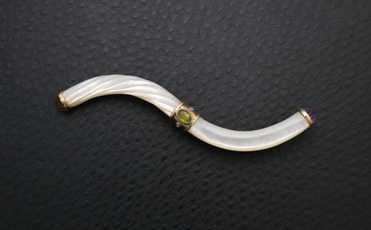 Vintage 14k Yellow Gold Mother of Pearl, Peridot, Amethyst Citrine & Diamond Brooch, 19.7g
