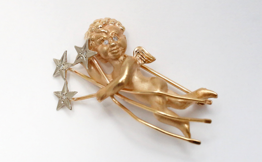 14k Yellow Gold Cherub Diamond Star Brooch, 6.3g