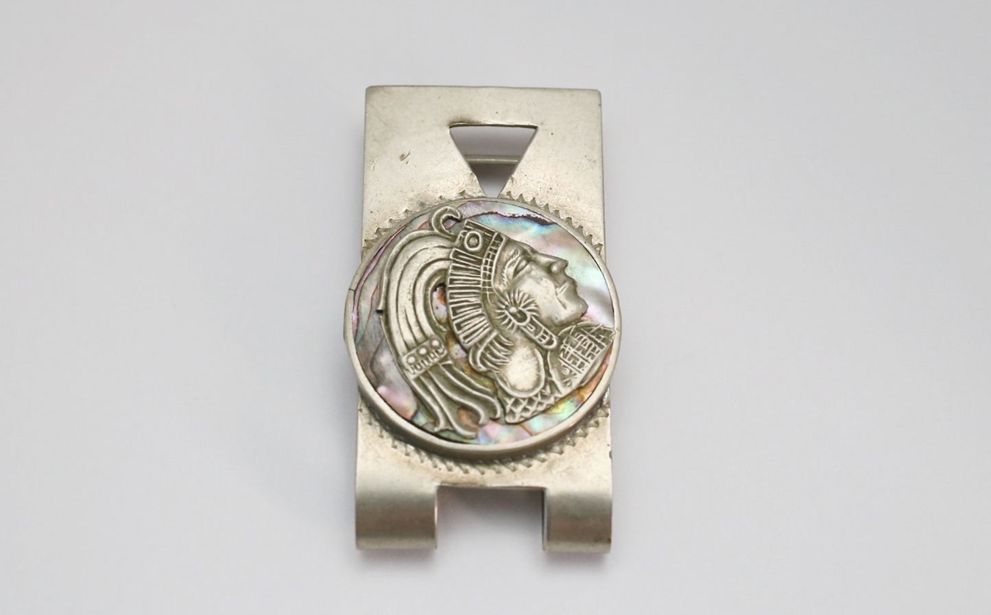 Vintage Mexico Sterling Silver Warrior Motif Money Clip w/ Abalone Inlay, 19.1g