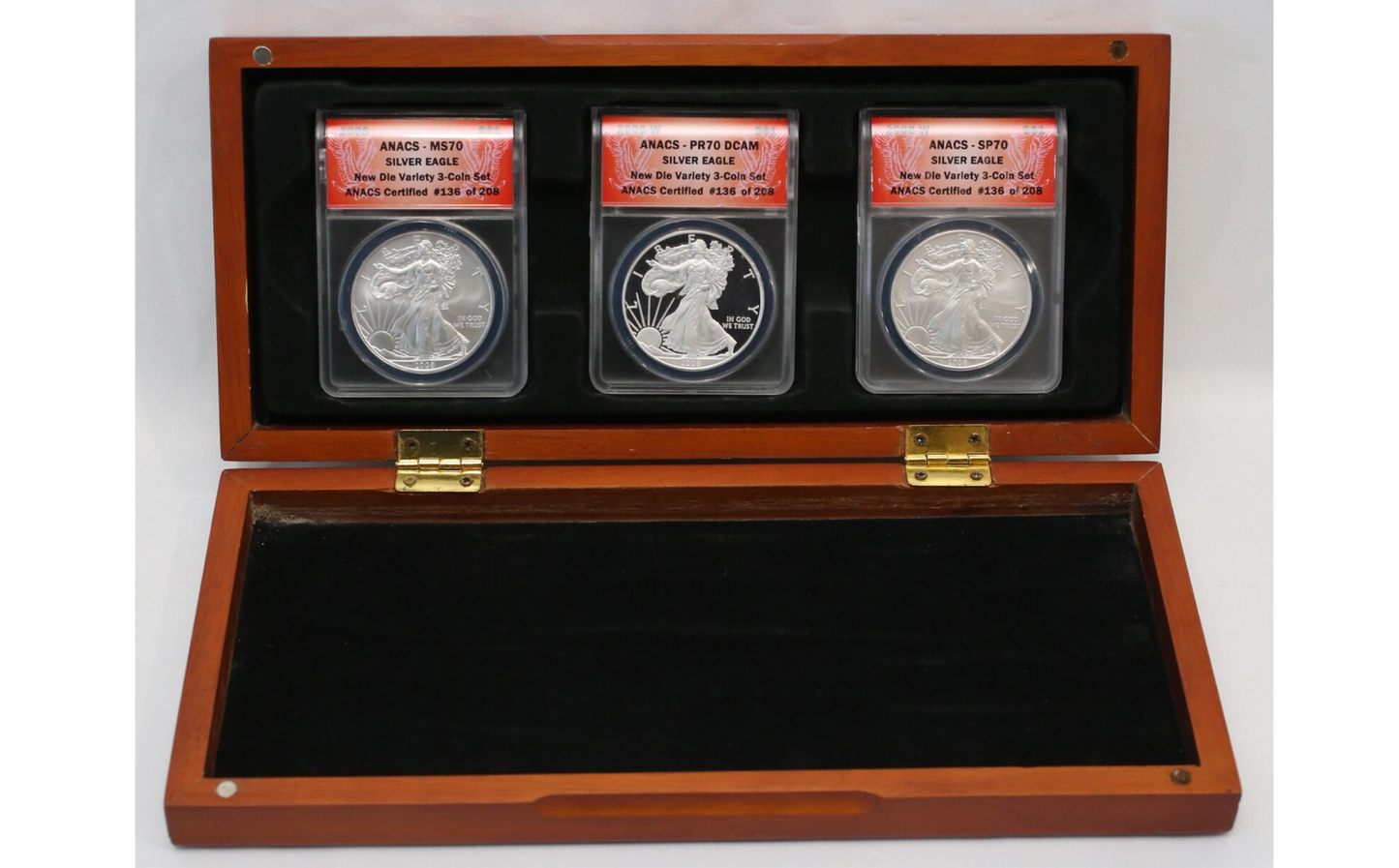 2008 ANACS MS70, PR70, SP70, American Silver Eagle New Die Variety 3 Coin Set