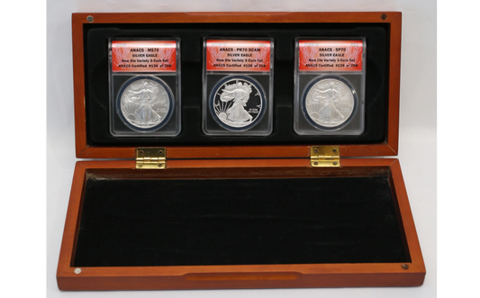 2008 ANACS MS70, PR70, SP70, American Silver Eagle New Die Variety 3 Coin Set