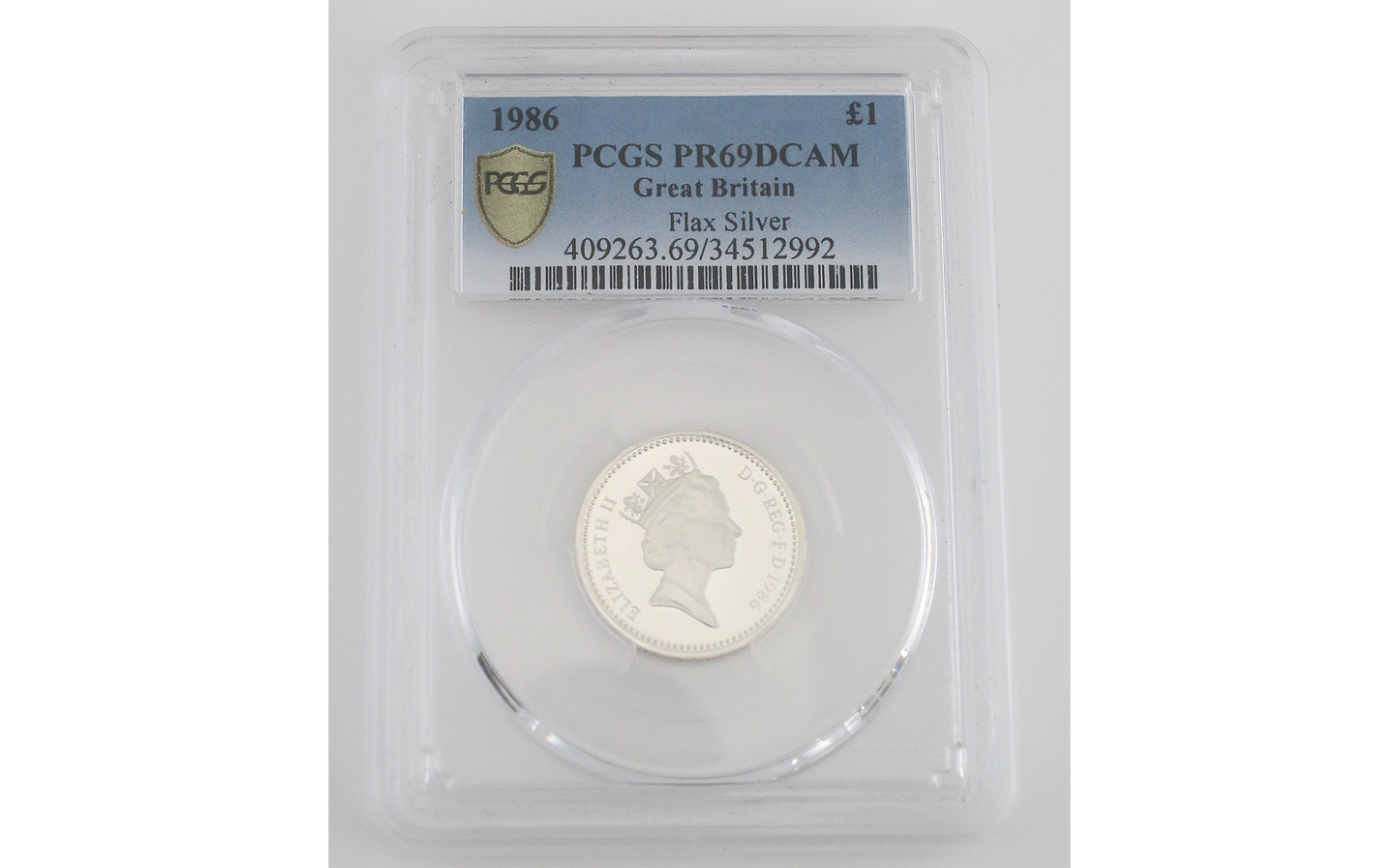 PCGS PR69DCAM 1986 Great Britain Flax Silver One Pound Coin