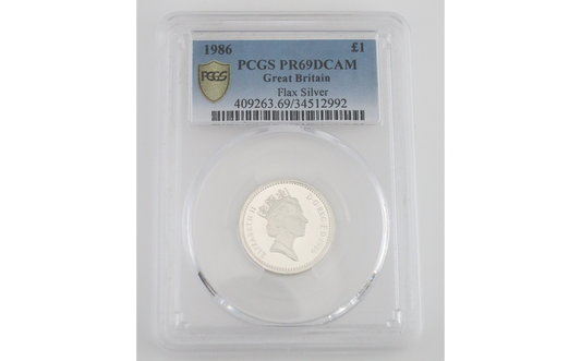PCGS PR69DCAM 1986 Great Britain Flax Silver One Pound Coin