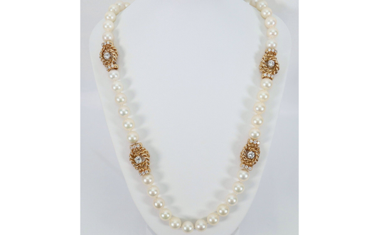 14k Yellow Gold Diamond & Pearl Necklace, 21 inches - 78.3g