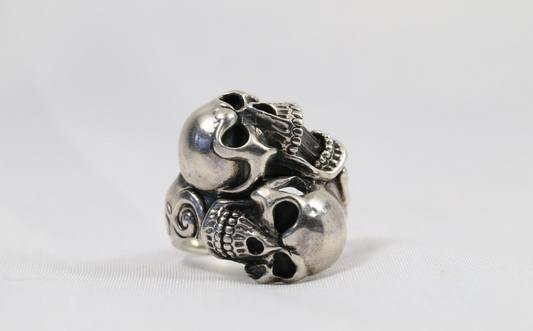 Sterling Silver Biker Gothic Dueling Skulls Ring, Size 14 - 18.8g