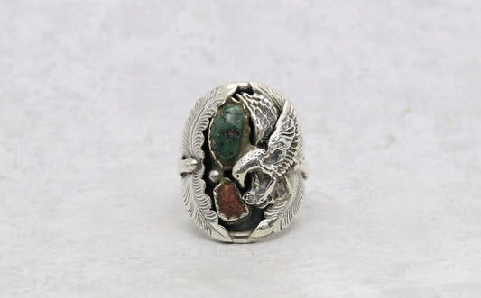 Sterling Silver Eagle & Feather Turquoise Ring, Size 12.75 - 17.5g