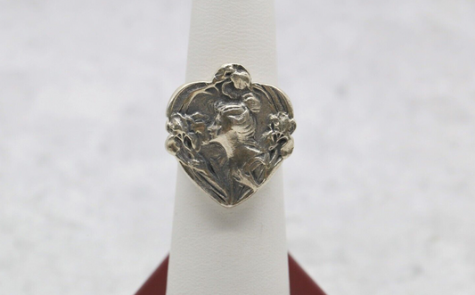 Sterling Silver Heart Shaped Woman in Flowers Motif Art Nouveau Ring, Size 7 - 11.5g