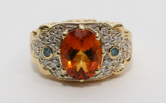 18k Yellow Gold Golden Citrine & Diamond Ring, Size 7 - 8.7g