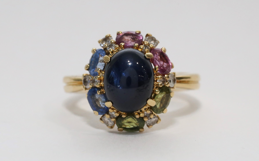 14k Yellow Gold Sapphire & Diamond Ring, Size 7 - 6.7g