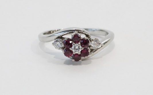 18k White Gold Diamond & Ruby Flower Ring, Size 4.5 - 3.7g