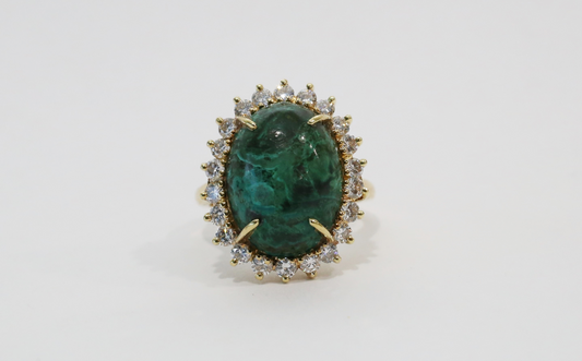 18k Yellow Gold Malachite & Diamond Ring, Size 6 - 8.1g