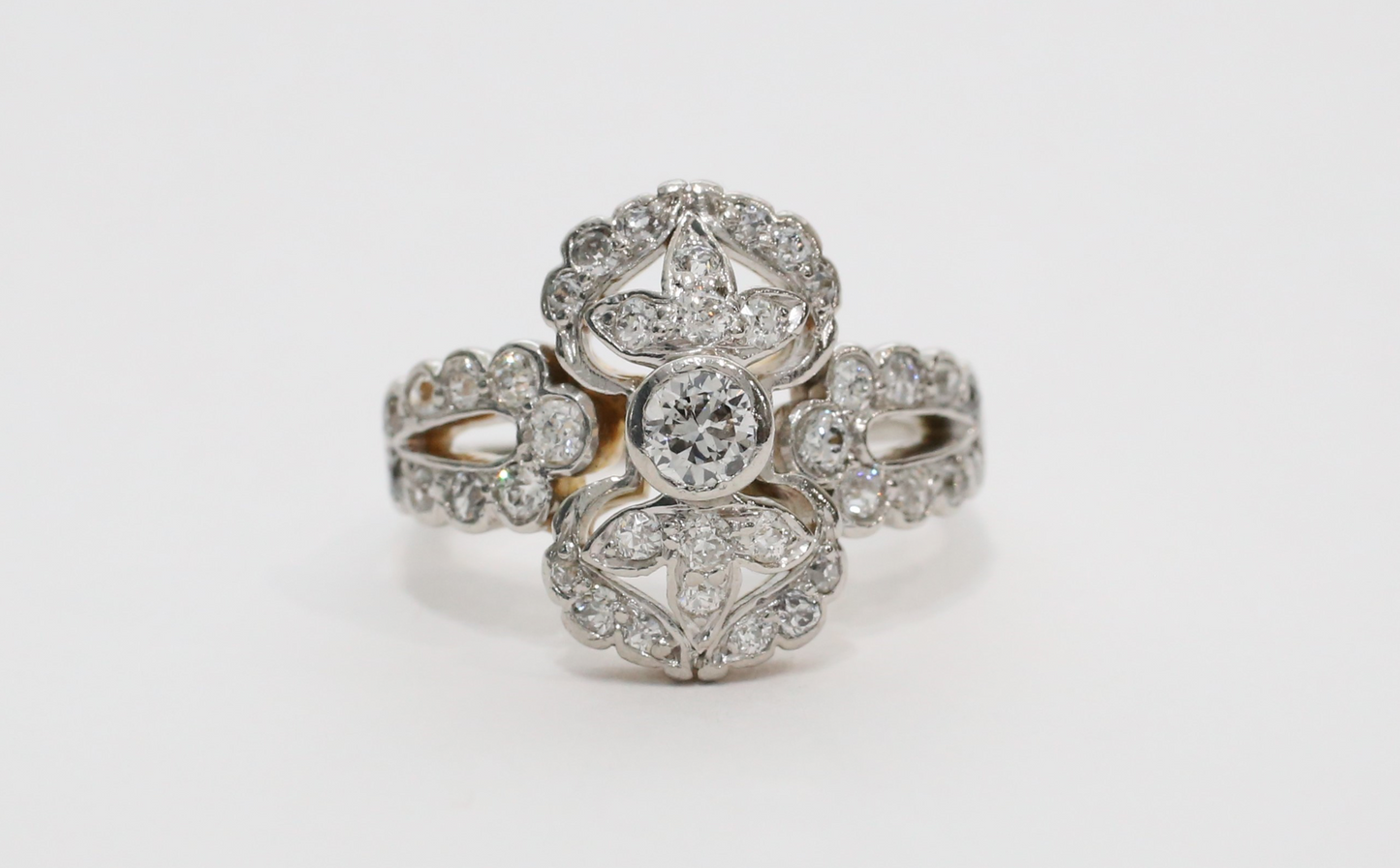 Platinum & 14k Gold Diamond Art Deco Ring, Size 6.5 - 5.6g