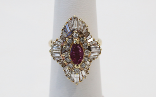 Vintage 14k Yellow Gold Ruby & Diamond Cocktail Ring, Size 6.5 - 6.6g