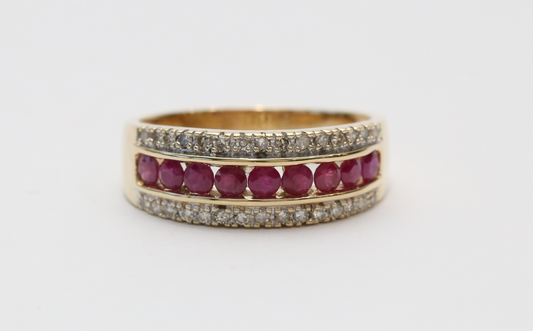 14k Yellow Gold Diamond & Ruby Ring, Size 8.5 - 3.5g