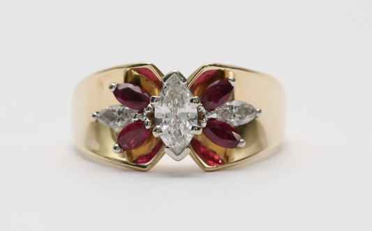 14k Yellow Gold Diamond & Ruby Ring, Size 7.25 - 5.9g