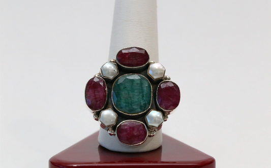 Handmade Sterling Silver Multi Gemstone Ring, Size 10 - 15.9g