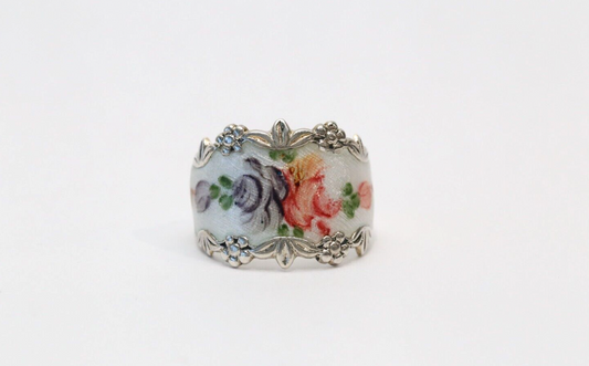 Vintage Sterling Silver Floral Enamel Cigar Band Ring with Pink & Purple Roses, Size 10 - 8.2g