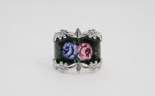 Vintage Sterling Silver Floral Black Enamel Cigar Band Ring with Blue & Pink Rose, Size 7.25 - 7.6g