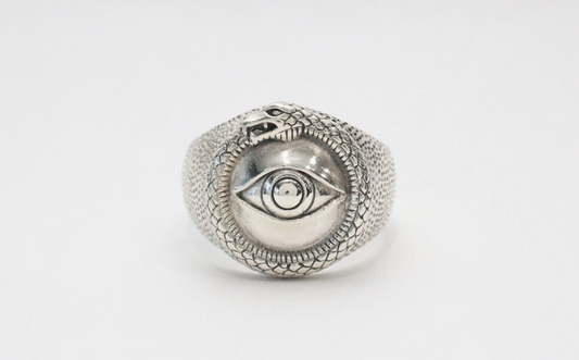 Sterling Silver All Seeing Eye Uroboros Snake Ring, Size 13 - 8.4g