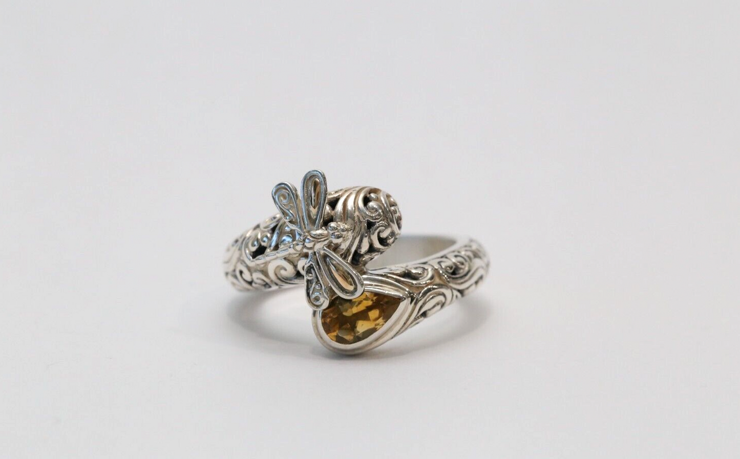 ID Sterling Silver Citrine Dragonfly Bypass Ring with 18k Gold Accents, Size 10 - 8.1g