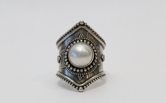 Vintage Sterling Silver Faux Pearl Ring, Size 9 - 8.9g