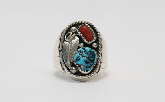 Sterling Silver EE Navajo Turquoise & Coral Feather Ring, Size 9.5 - 24.0g