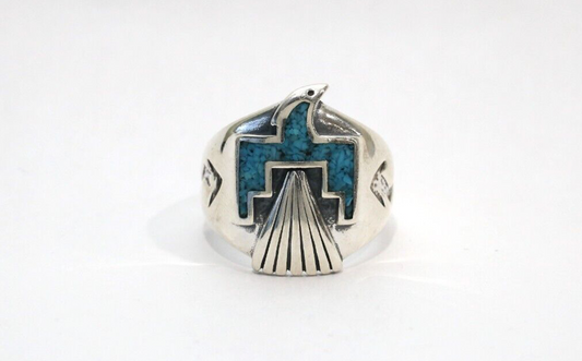 Sterling Silver Native American Turquoise Thunderbird Ring, Size 10 - 12.8g